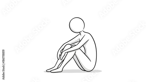 Stick Figure Man Sitting Alone, Hugging Knees and Feeling Sad or Depressed on Isolated White Background