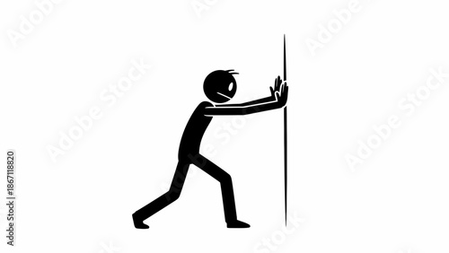 Stick Figure Man Pushing Against an Invisible Wall or Object, Exerting Effort on Isolated White Background