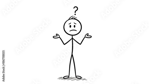 Stick Figure Man Shrugging Shoulders and Expressing Uncertainty, Looking Confused on Isolated White Background
