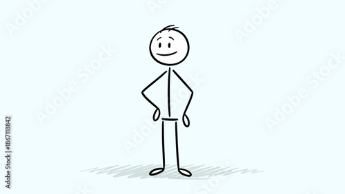 Stick Figure Man Standing Confidently with Hands on Hips and a Happy Smile in a Bright Studio