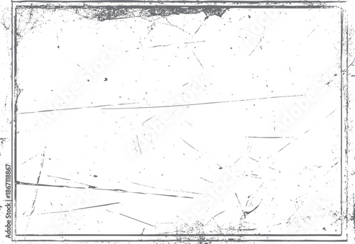 Distressed rectangular frame with a grunge texture and scattered scratches offering a vintage border effect for photographs or layouts with a worn aesthetic