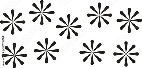 Eight black stylized starburst shapes arranged in two rows against a plain white background creating a simple repeating pattern with a retro feel and