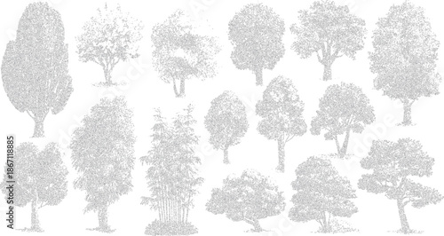 Diverse array of tree silhouettes rendered using a stippling technique, creating a textured effect with numerous small dots forming the shapes of various trees and bamboo clusters against a clean