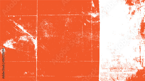 Vibrant orange distressed paper texture with faded text and white grunge overlay creating a visually striking abstract background with a vintage feel projects and artistic compositions