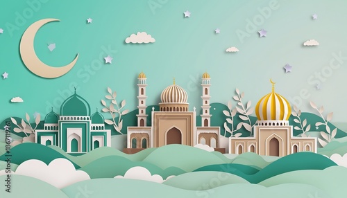 Paper Cut Style Islamic Mosque Landscape Illustration for Ramadan Celebration