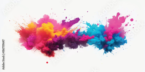 Energetic Eruption of Rainbow Colored Powder Clouds with Splatter Effects on White