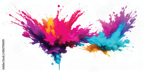 Two Distinct Vibrant Powder Plumes of Rainbow Hues Isolated on a White Background