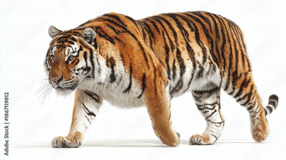 Obraz premium Tiger Walking Detailed Stripe Pattern Isolated