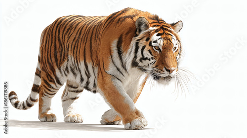 Tiger Walking Daylight White Surface