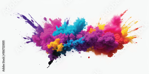 Aggressive Spiky Splashes of Vibrant Magenta and Cyan Pigment Isolated on White