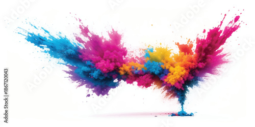 Symmetrical Double Burst of Rainbow Colored Powder and Smoke Splashes on White