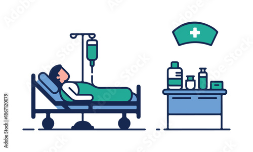 Hospital patient in bed with medical supplies