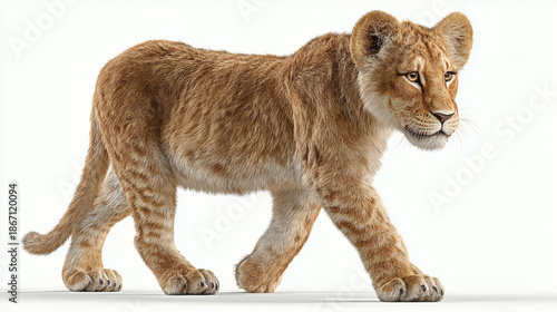 Young Lion Cub Walking White Background