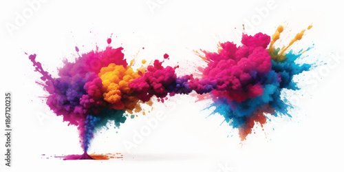Horizontal Rainbow Powder Trail and Abstract Smoke Cloud Splash on White Background
