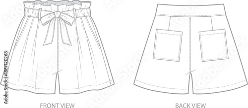 Flat vector illustration, high-waisted women’s shorts front and back view, technical fashion sketch, ruffled waistband, bow tie, pockets