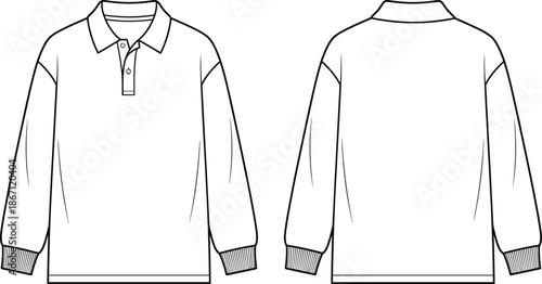 Flat vector illustration, long sleeve polo shirt front and back view, technical fashion sketch, button placket, ribbed cuffs, darts