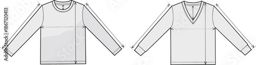 Flat vector illustration, long sleeve shirt front and back view, technical fashion sketch, crew neck, V-neck, measurement arrows