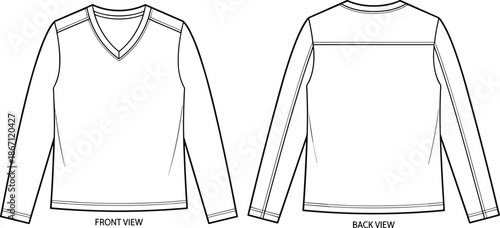 Flat vector illustration, long sleeve shirt front and back view, technical fashion sketch, V-neckline, princess seams, yoke detail