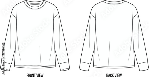 Flat vector illustration, long sleeve shirt front and back view, technical fashion sketch, round neckline, cuffed sleeves, curved hem