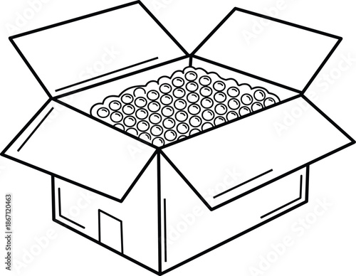 Flat vector illustration, open cardboard box with bubble wrap, packaging protection sketch, shipping cushioning, logistic material design
