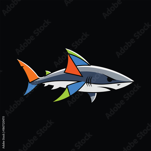 Colorful Geometric Shark Illustration on Black Background.