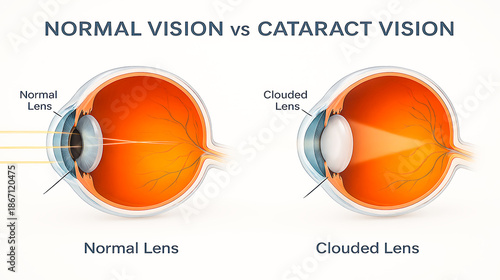 Normal Eye vs Cataract Eye Medical Illustration Comparison