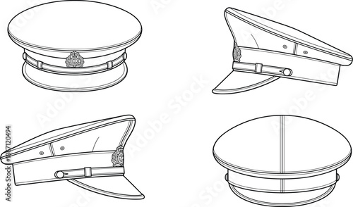 Flat vector illustration, peaked cap front side rear views, uniform headwear sketch, technical drawing template, fashion accessory mockup
