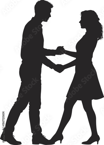 Silhouette of a man and woman holding hands in a dance pose against a white background