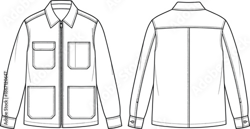 Flat vector illustration, technical jacket front and back view, fashion sketch, zipper closure, chest pockets, button cuffs, garment design