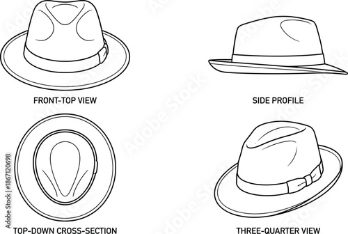 Fedora hat design, front view, side profile, top-down cross-section, three-quarter angle, fashion accessory, flat vector illustration, detailed layout