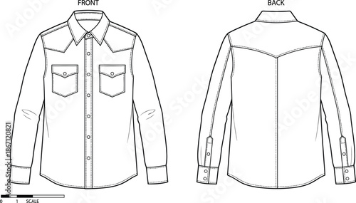 Flat vector illustration, button-up shirt front and back view, technical fashion sketch, chest pockets, pointed collar, yoke detail