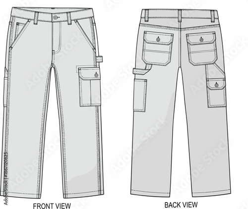 Flat vector illustration, cargo pants front and back view, technical fashion sketch, multi-pocket trouser design, garment template, apparel mockup
