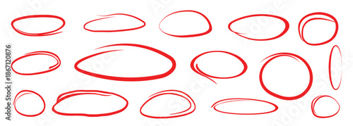 Hand drawn red circle  highlight frames. Crayon red outline ovals or ellipses  elements set. round shapes on white background. Vector illustration.
