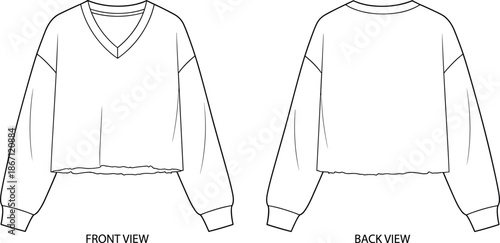 Flat vector illustration, cropped top front and back view, V-neck puff sleeve sketch, fashion garment template, technical drawing mockup