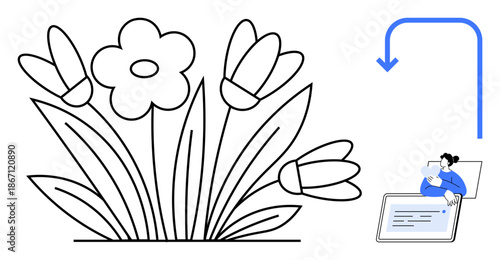 Educational concept. A black and white drawing of flowers with a digital interaction theme. Educational activities, nature-inspired learning, creativity enhancement, and digital tools integration