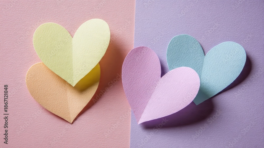 Obraz premium Colorful textured paper hearts arranged on a dual-tone pastel background (pink and lavender) with shadows, ideal for love, romance, and Valentines Day concepts.