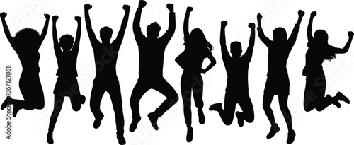 Silhouettes of diverse people joyfully jumping with arms raised against a white background