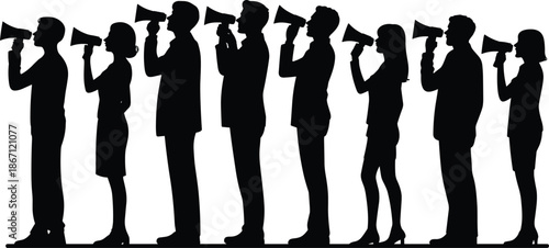 Silhouettes of diverse people holding megaphones in a row on white background