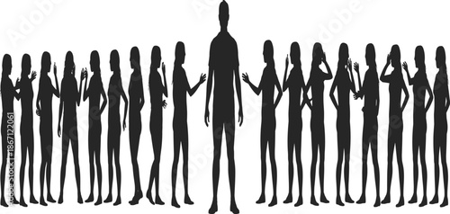 Silhouettes of people standing in a line with various poses on a white background