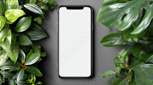 Black Smartphone Green Plants Blank Screen