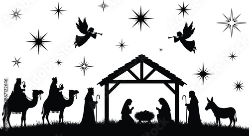 Black vector silhouette of Christmas Nativity scene with Three Wise Men, Holy Family, angels, and shepherd, isolated on white background