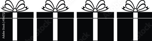Black vector silhouettes of four gift boxes with white ribbons and bows isolated on white background for holiday design