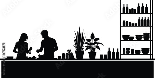 Couple cooking silhouette vector illustration, man and woman preparing food at kitchen counter with shelf and plants isolated on white background