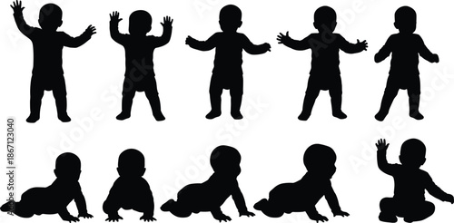 Cute baby silhouette vector illustration set, collection of black infant figures crawling, sitting and standing isolated on white background
