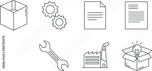 Collection of line icons representing various industrial and office elements