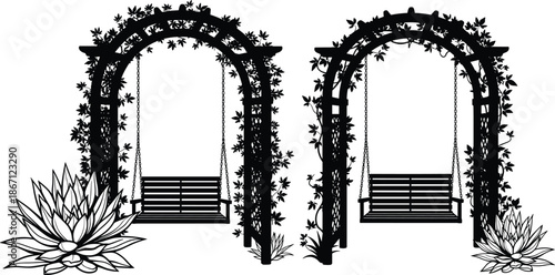 Garden archway with swing bench silhouette vector illustration, wooden pergola arbor covered in climbing vine plants isolated on white background