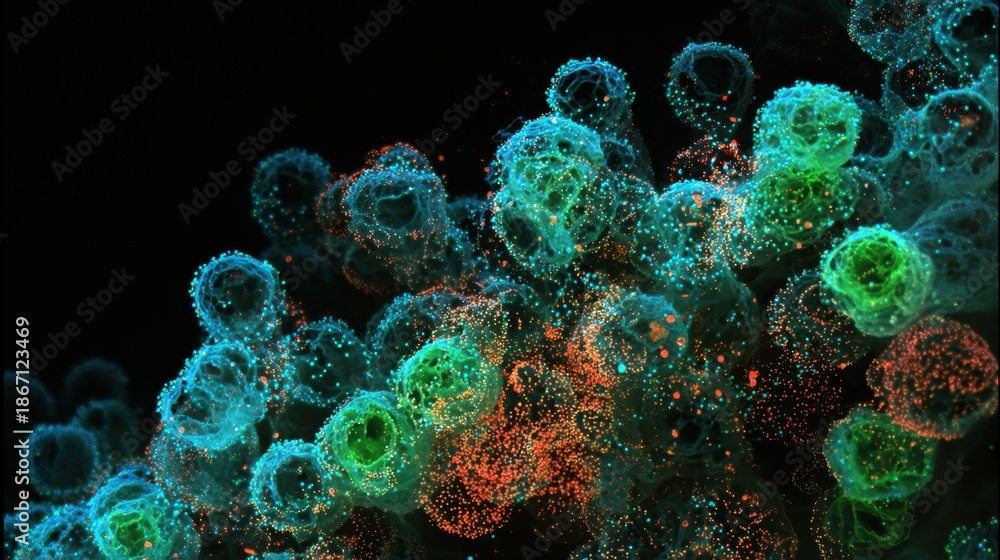 Fototapeta premium Dynamic visualization of immune response triggered by glowing bacterial colonies embedded within infected tonsillar crypts.