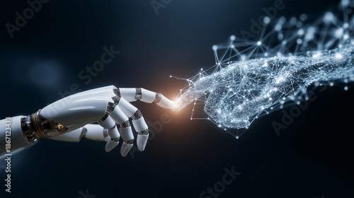 Futuristic Concept of Artificial Intelligence and Robotics with Two Advanced Robot Hands Touching, Symbol of Human-Machine Connection, Innovation and Digital Future