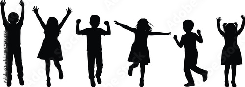 Happy children jumping black silhouette vector illustration set, group of active kids playing and raising hands isolated on white background