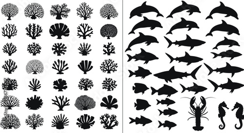 Marine life silhouette vector illustration set, collection of coral reef plants, dolphins, sharks, and sea animals isolated on white background